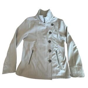 prAna Women’s Large Light Gray Softshell Jacket Fleece Lined Zip Button Pockets